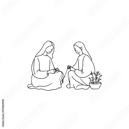 Line art illustration of two women knitting