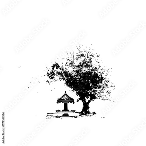 Black and white vector illustration of a spirit house under a tree