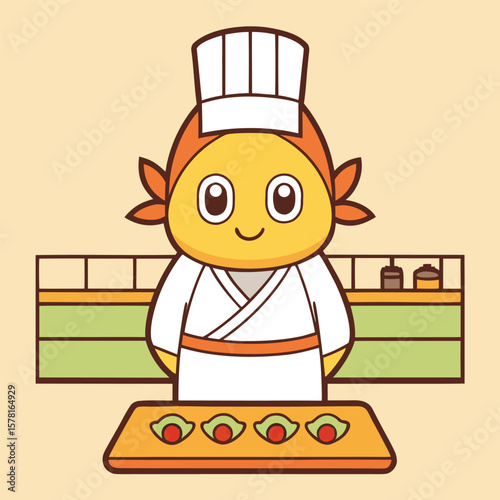 Cartoon fish chef preparing sushi rolls sushi chef hat