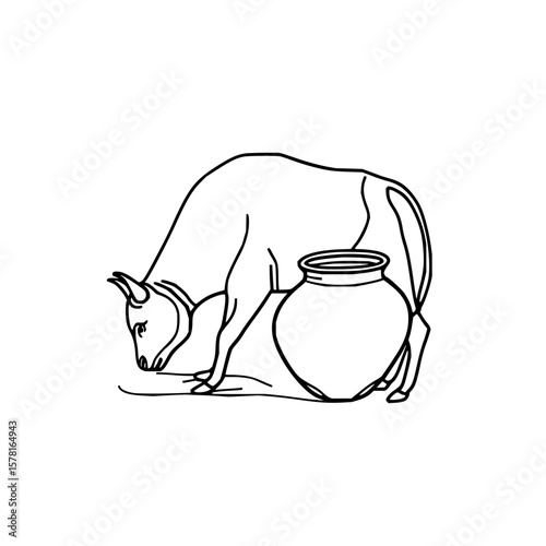 Line drawing of a bull grazing next to a pot