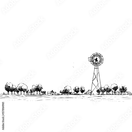 Rural landscape with windmill, trees, and farmhouses vector illustration