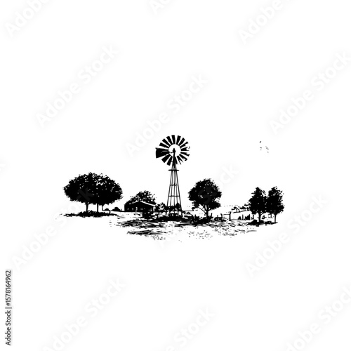 Black and white vector illustration of a rural landscape with windmill, trees, and farmhouse