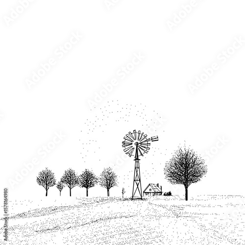 Rural landscape with windmill, house, and trees in black and white stipple illustration