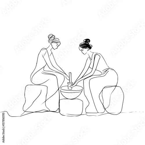 Line art illustration of two women grinding grain in a rural setting