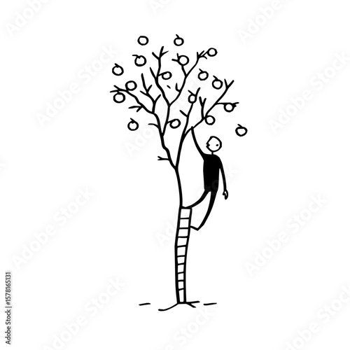 Stylized vector illustration of a person picking fruit from a tree using a ladder