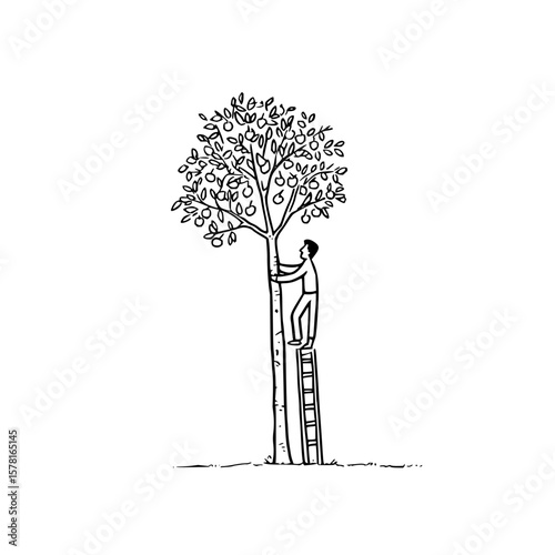 Sketch of man on ladder reaching for fruit in tree