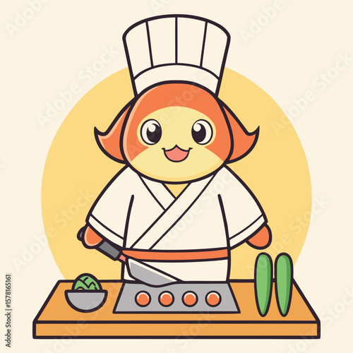 Cartoon fish chef slicing vegetables with knife sushi
