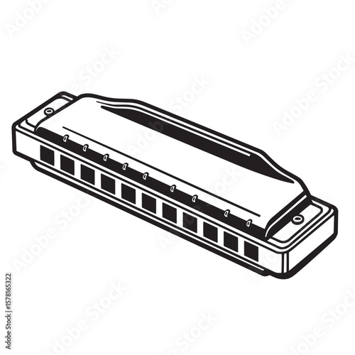 Black and white vector illustration of a classic harmonica musical instrument