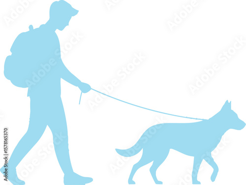 Illustration of a man with a backpack walking a dog on a leash in vibrant colors