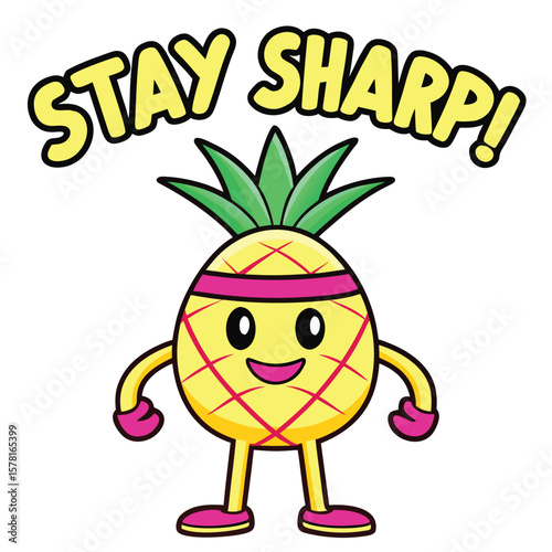 Cheerful yellow pineapple wearing pink headband and shoes fruit cartoon