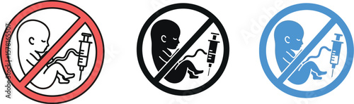 Three signs showing a fetus and a syringe with a line through them in red black blue