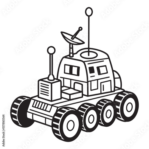 Cartoon illustration of a space rover with antennas and detailed wheel design