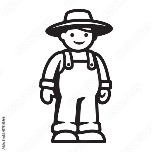 Cartoon illustration of smiling farmer wearing overalls and a wide brimmed hat