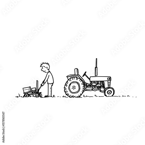 Cartoon farmer with small cart and tractor