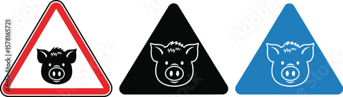 Three triangular signs displaying a pig face in red black and blue on white background