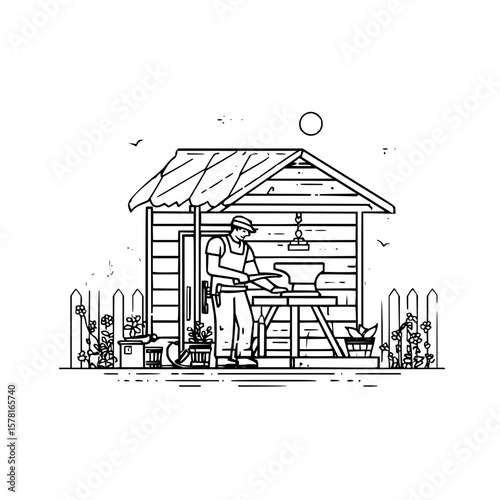 Vector illustration of a blacksmith working in a rural setting