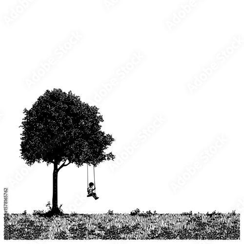 Silhouette of child on swing under tree in field
