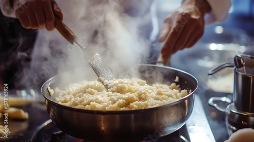  A chef checking the risotto halfway into the cooking time, stirring it gently 