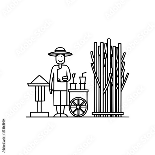 Line art illustration of a rural vendor with cart and sugar cane