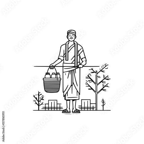 Line art illustration of a milkman carrying a basket of milk bottles in a rural setting