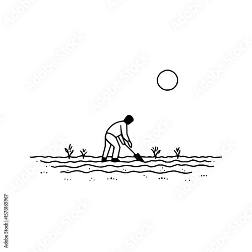 Minimalist vector illustration of farmer working in field