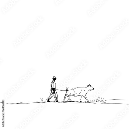 Line art illustration of a farmer walking with a cow