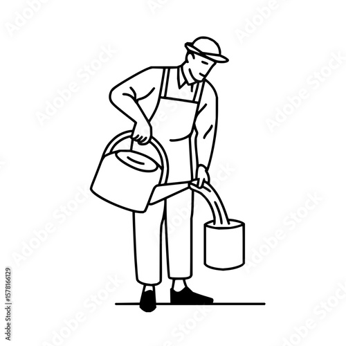 Vector illustration of a farmer pouring water from a watering can into a bucket