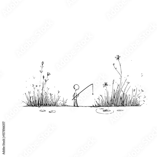 Stick figure fishing in a pond with tall grass