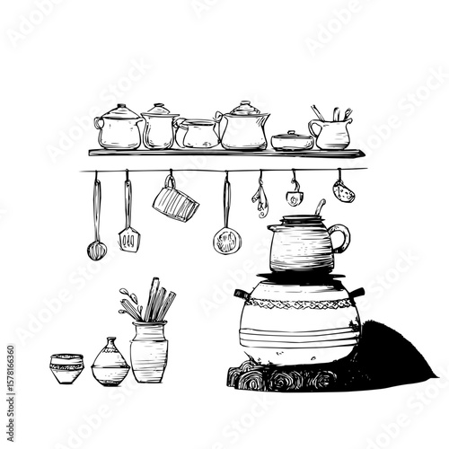 Hand-drawn kitchenware still life: pots, pans, and utensils
