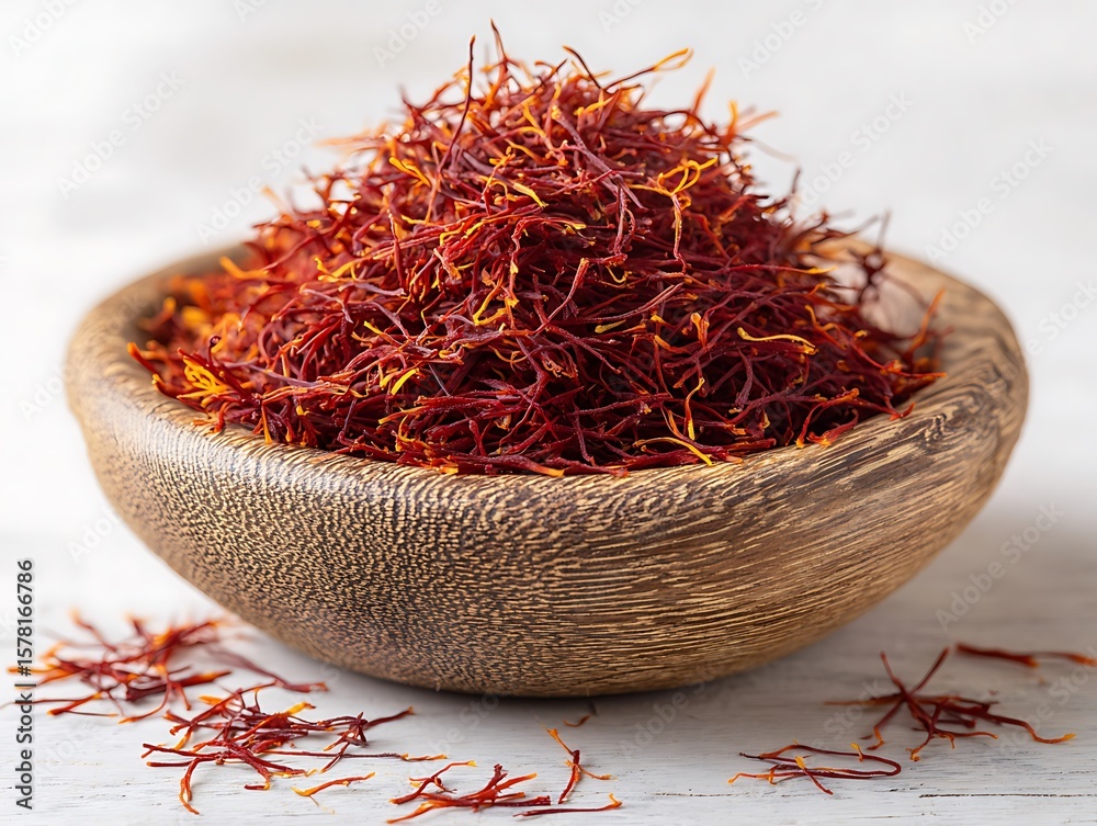 Fototapeta premium Saffron in a bowl with red hot chili peppers and chili pepper