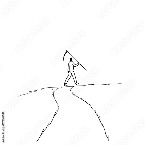 Man in suit carrying scythe walking on a narrow path over a ravine in a minimalist black and white drawing