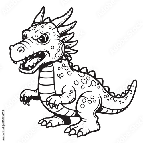 Fierce cartoon dragon illustration black and white vector image for kids coloring pages