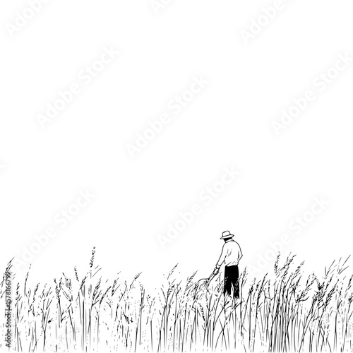 Illustration of a farmer with a hat cutting wheat in a field with a scythe on a clear white background