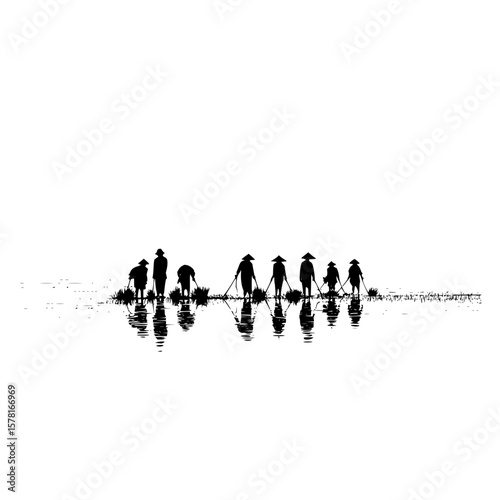 Silhouette of farmers working in a rice paddy field with reflections in the water under a bright sky
