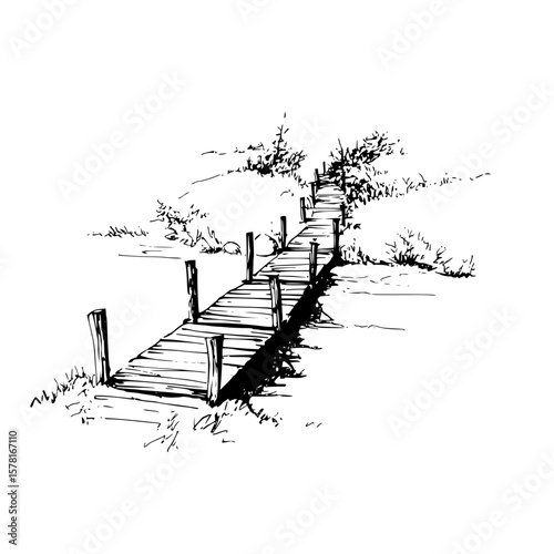 Illustration of a wooden pier extending into water with vegetation on either side in black and white style