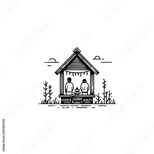 Two people in a small hut with a bowl and decorations surrounded by grass and suns in black and white