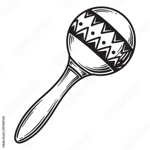 Hand-drawn illustration of a musical maraca instrument with decorative aztec-inspired patterns