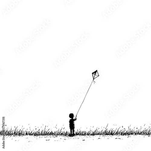 A young child flying a kite in a field of tall grass under a bright sky with a simple black and white style