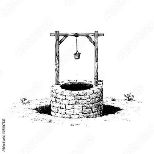 Illustration of a stone water well with a wooden frame and bucket in a grassy field drawing style