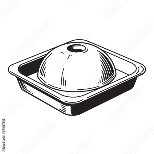 Illustration of a black and white microwaveable container with a domed lid for food storage