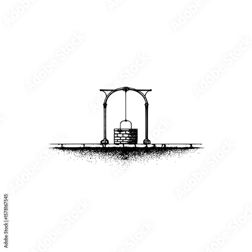 A black and white sketch of a water well with a bucket hanging down, sitting on a textured ground area