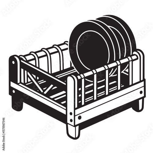 Illustrative monochrome depiction of a dish rack holding clean plates after washing in the kitchen