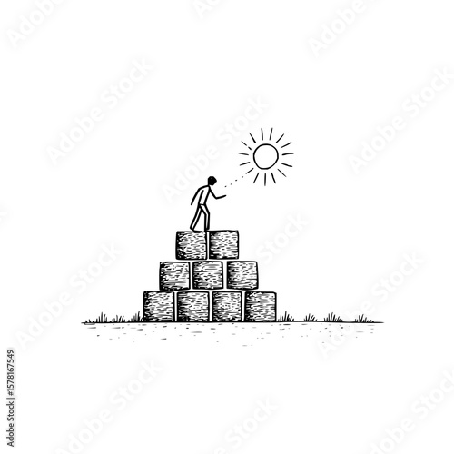 Illustration of a stick figure on a hay bale pyramid reaching for the sun in a minimalist style art