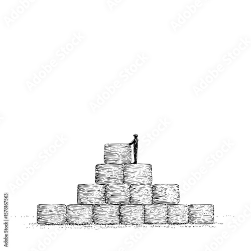 A sketch of a small figure standing atop a pyramid of hay bales in a field of grass under a white sky