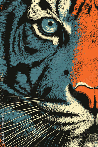Split-Tone Tiger Face Portrait Illustration