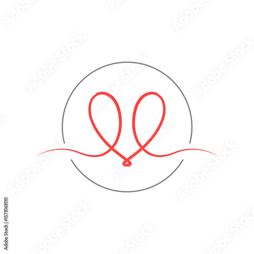 Elegant red swirling lines forming two loops within a broken grey circle, conveying continuous movement, fluidity, and artistic expression