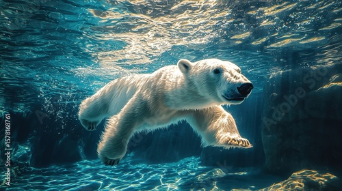 Underwater Scene of a Polar Bear Swimming in Cold Arctic Waters with Light Reflections and Rocky Seabed