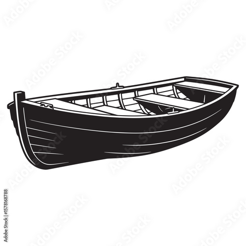 Simple black and white vector illustration of a classic wooden rowboat on a white background