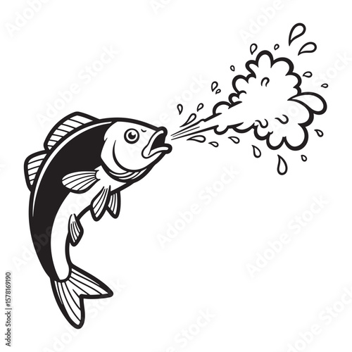 Vector illustration of a cartoon fish exhaling water droplets in black and white