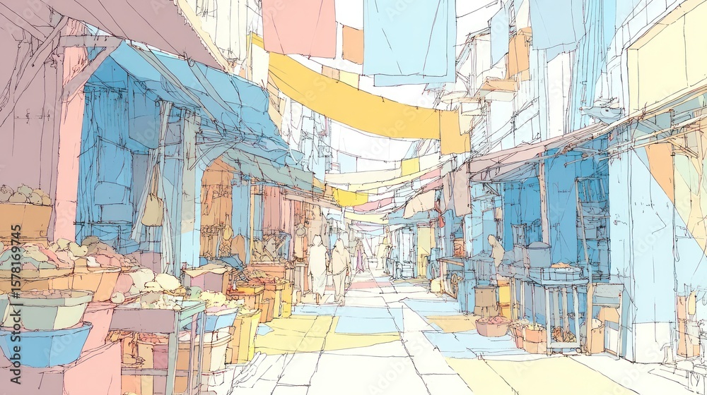 Obraz premium Colorful, bustling marketplace alleyway